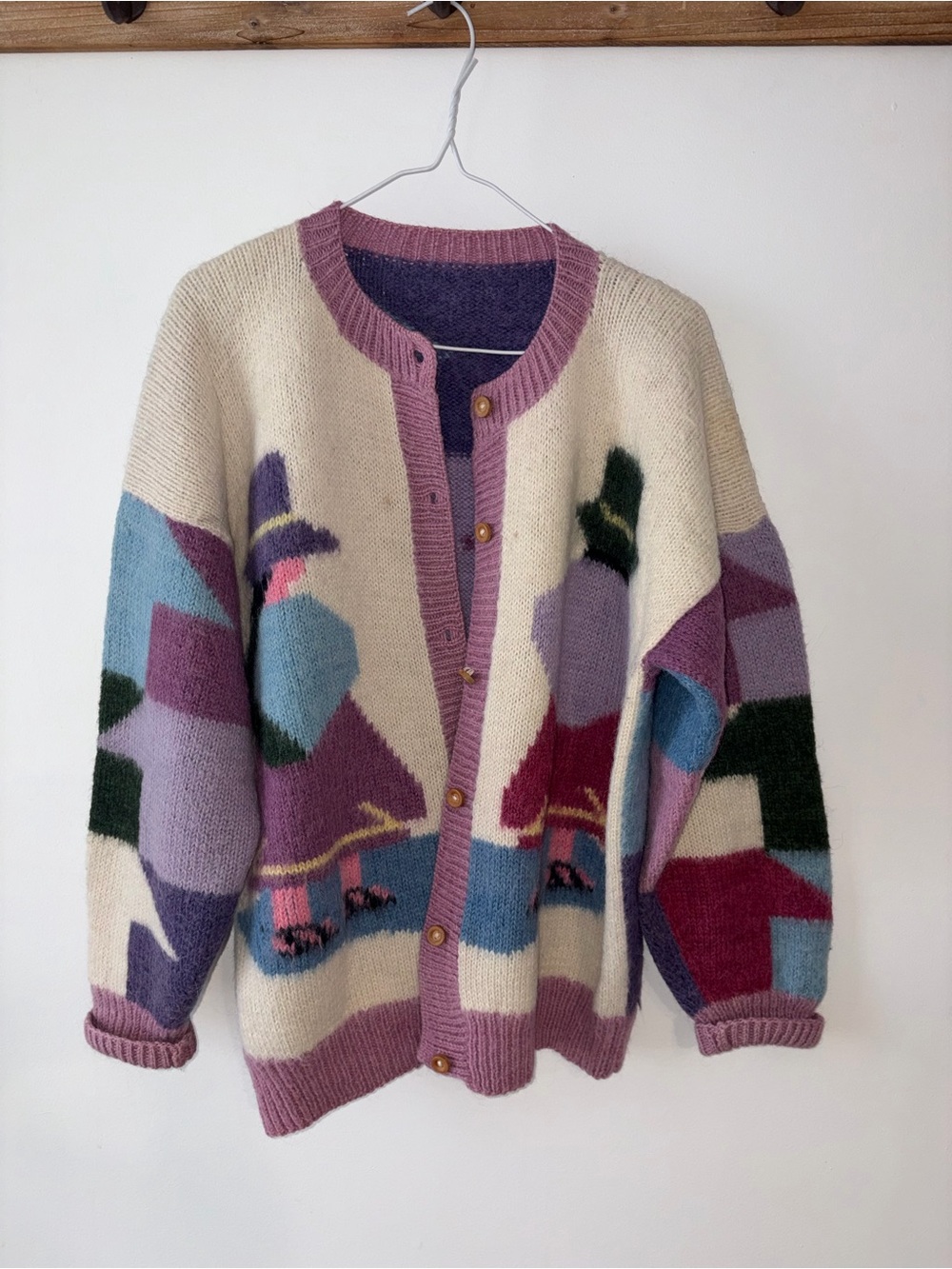 VINTAGE Cream and Purple Patterned Women's Cardigan Sweater